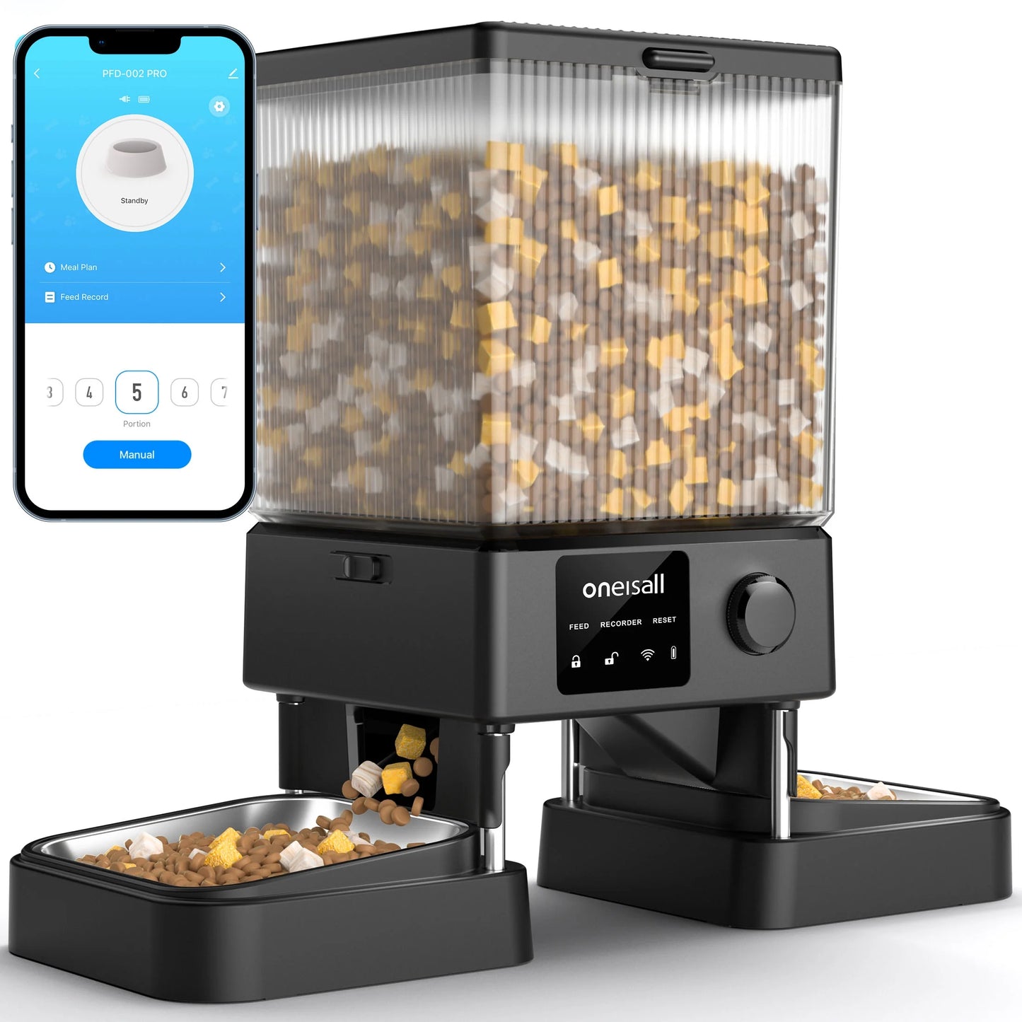 5L/20 Cups Automatic Cat Dog Feeder with 5G Wifi & APP Control, PFD-002 PRO Double Bowl Cat Food Dispenser with 1 Desiccant Bag, Timed Automatic Pet Feeder for 2 Cats/2 Small Dogs - Black