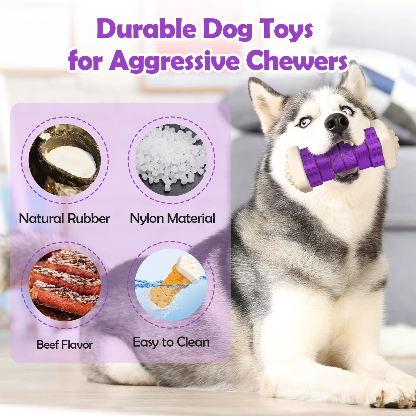 Interactive Dog Chew Toy–Brightly Colored Dog Enrichment Toy for Aggressive Chewers-Purple